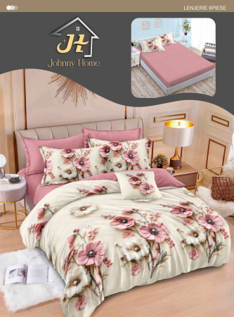 Lenjerii de pat cu Elastic - Lenjerie de pat 6 piese bumbac floral roz și alb-T353