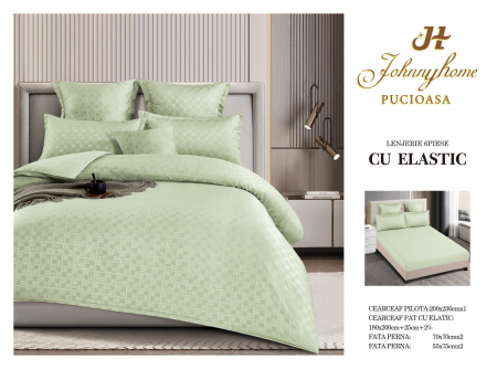LENJERII DE PAT - Lenjerie de pat,6 Piese,cu Elastic Jacquard Carouri,Verde prafuit-JC6