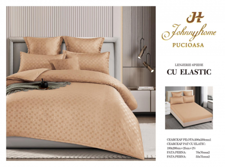 LENJERII DE PAT - Lenjerie de pat,6 Piese,cu Elastic Jacquard Carouri,Bej inchis-JC9