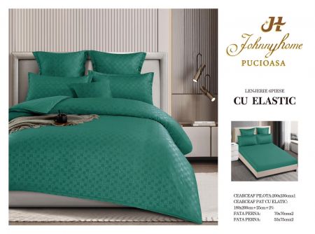 LENJERII DE PAT - Lenjerie de pat,6 Piese,cu Elastic Jacquard Carouri,Verde smarald-JC3