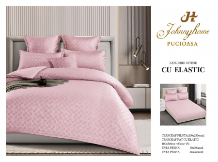 LENJERII DE PAT - Lenjerie de pat,6 Piese,cu Elastic Jacquard Carouri,Roz pudra-JC11