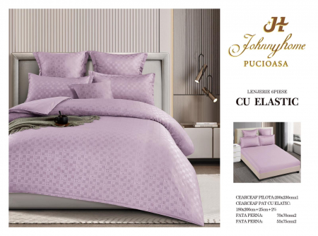 LENJERII DE PAT - Lenjerie de pat,6 Piese,cu Elastic Jacquard Carouri,Lila-JC1