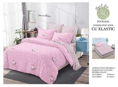 Lenjerii de pat cu Elastic - Lenjerie de pat 6 piese cu elastic, model floral roz și gri-T76