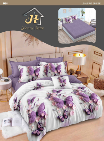 LENJERII DE PAT - Lenjerie de pat 6 piese cu fluturi mov și flori roz cu elastic-T363