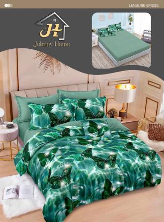 Lenjerii de pat cu Elastic - Lenjerie de pat 6 piese cu fluturi verzi emerald cu elastic-T358