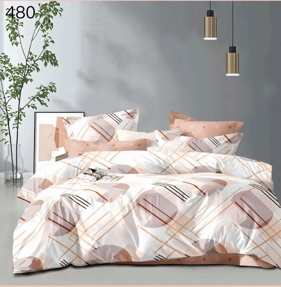 OFERTA 1 DEC LENJERII - Lenjerie de pat 6 piese finet, alb cu cerculețe și dungi nude-GR480