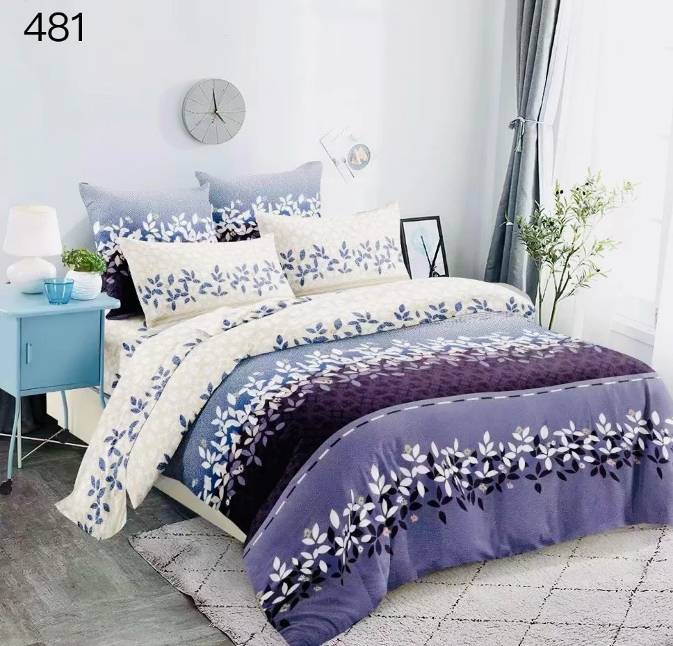 OFERTA 1 DEC LENJERII - Lenjerie de pat 6 piese finet, alb cu frunze mov și albastre-GR481