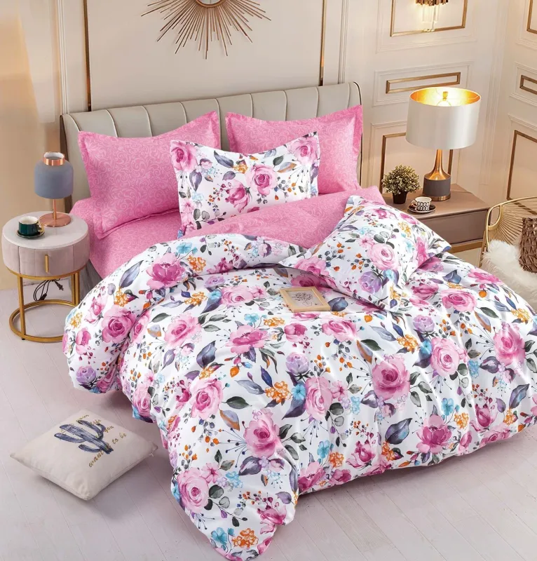 OFERTA 1+1 - Lenjerie de pat,6 Piese, finet,Alb/Roz cu floricele colorate-FJ177