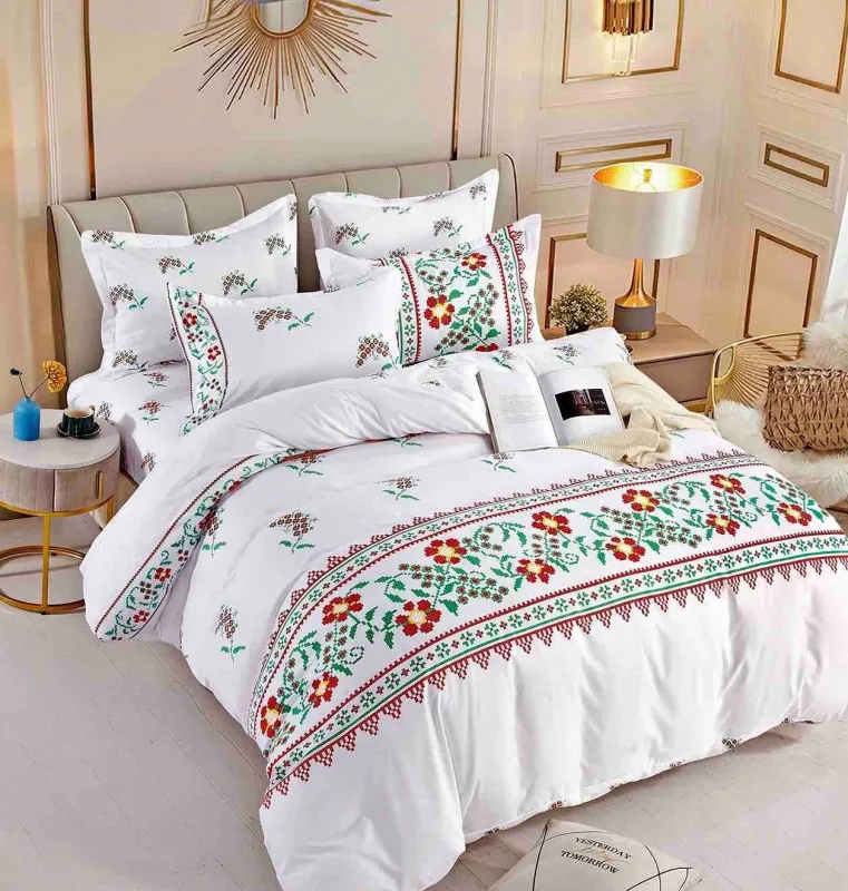 OFERTA 1+1 - Lenjerie de pat,6 Piese, finet,Etno cu floricele colorate-FJ139