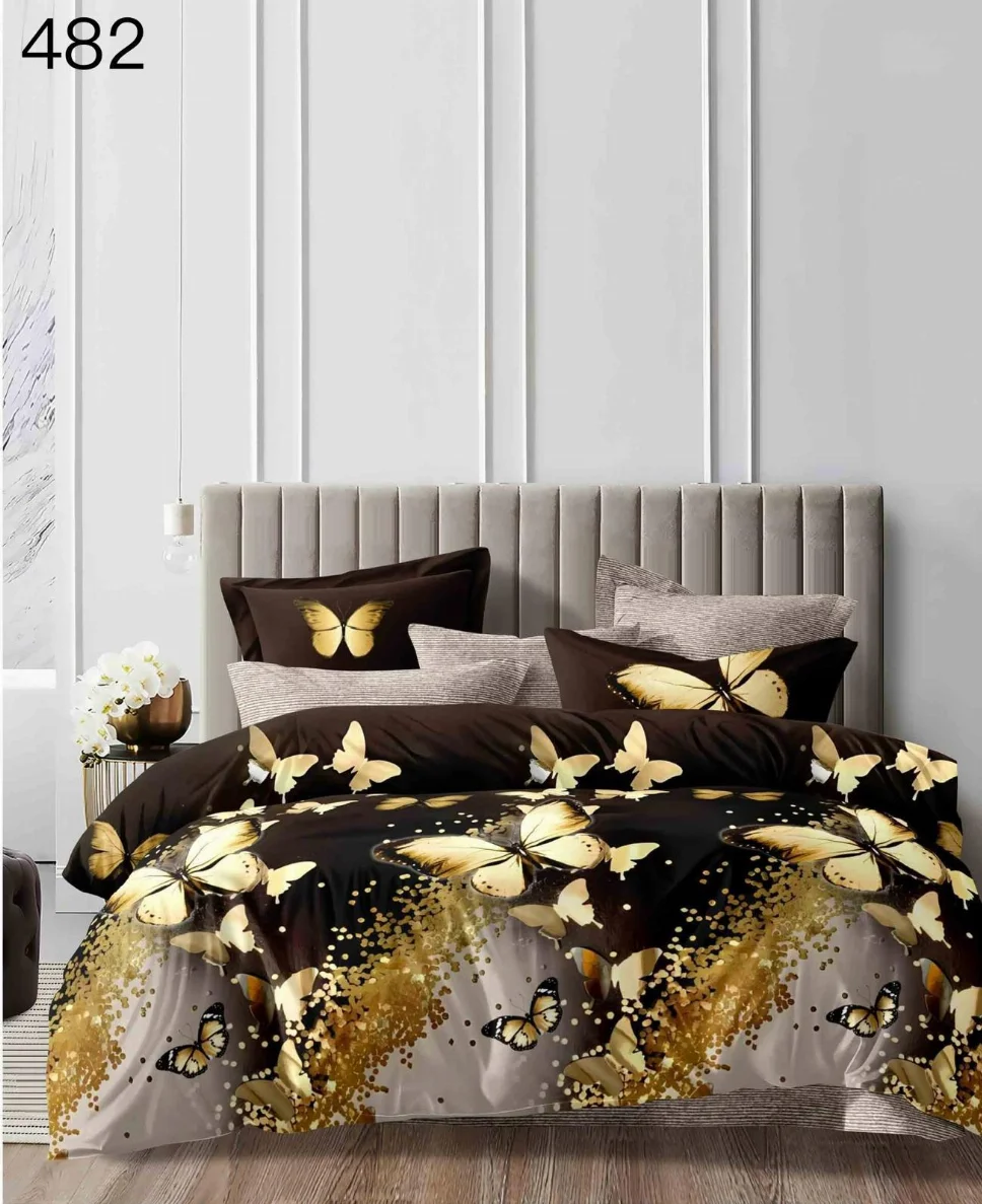 OFERTA 1 DEC LENJERII - Lenjerie de pat 6 piese finet, maro cu fluturi aurii strălucitori-GR482