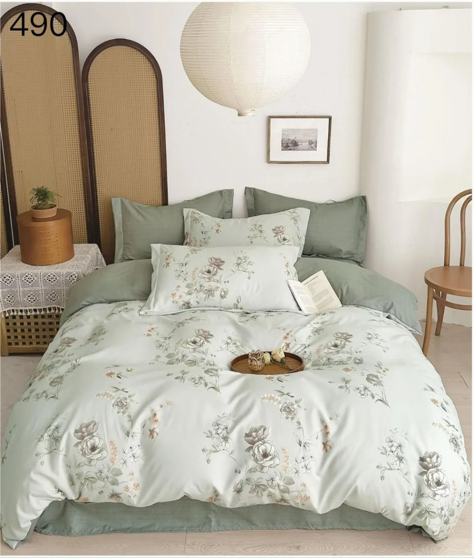 Lenjerii de pat Finet East Confort - Lenjerie de pat 6 piese finet, verde pal cu flori delicate-GR490