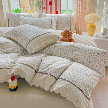 Lenjerie de pat bumbac 100% cu Elastic si broderie,4 piese crem cu floricele mici discrete-BJ12 [4]