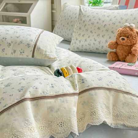 Lenjerie de pat bumbac 100% cu Elastic si broderie,4 piese crem cu floricele mici în stil clasic-BJ1 [3]