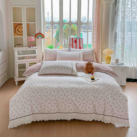 Lenjerie de pat bumbac 100% cu Elastic si broderie,4 piese Crem cu paisley roz, detalii dantela-BJ2 [4]