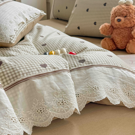 Lenjerie de pat bumbac 100% cu Elastic si broderie,4 piese gri cu buline negre și carouri-BJ15 [2]
