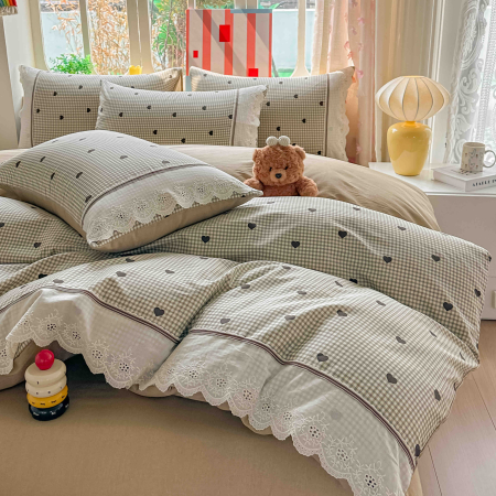 Lenjerie de pat bumbac 100% cu Elastic si broderie,4 piese gri cu buline negre și carouri-BJ15 [4]