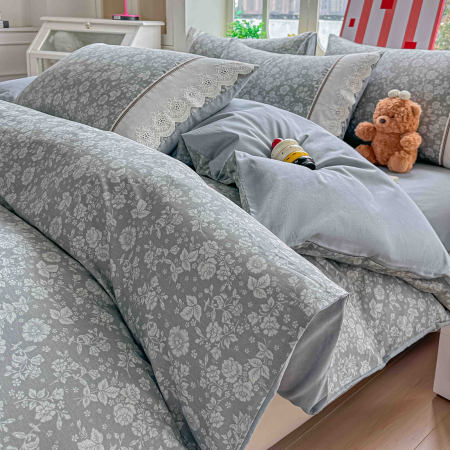 Lenjerie de pat bumbac 100% cu Elastic si broderie,4 piese gri cu flori baroc-BJ5 [1]