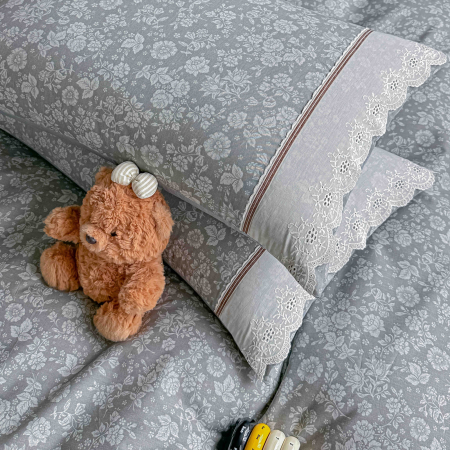 Lenjerie de pat bumbac 100% cu Elastic si broderie,4 piese gri cu flori baroc-BJ5 [2]