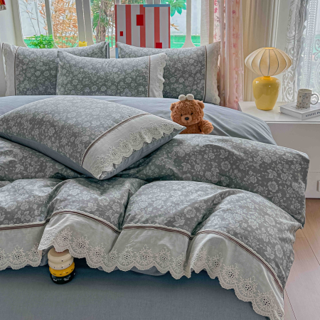 Lenjerie de pat bumbac 100% cu Elastic si broderie,4 piese gri cu flori baroc-BJ5 [4]