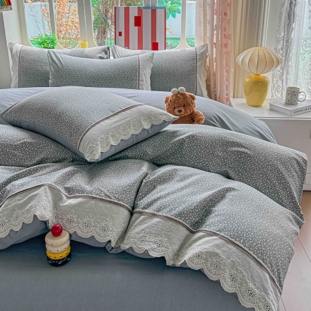 Lenjerii de pat Bumbac 100% - Lenjerie de pat bumbac 100% cu Elastic si broderie,4 piese gri cu floricele albe-BJ3