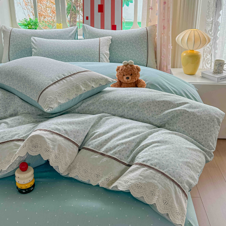 Lenjerie de pat bumbac 100% cu Elastic si broderie,4 piese gri cu frunze în stil baroc, detalii crem-BJ6 [3]