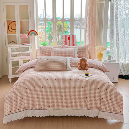 Lenjerii de pat Bumbac 100% - Lenjerie de pat bumbac 100% cu Elastic si broderie,4 piese roz cu carouri și inimioare brodate-BJ13