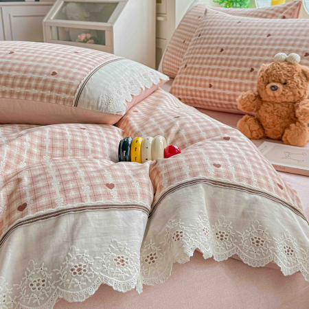 Lenjerie de pat bumbac 100% cu Elastic si broderie,4 piese roz cu carouri și inimioare brodate-BJ13 [2]