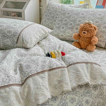 Lenjerie de pat bumbac 100% cu elastic și broderie, crem cu flori baroc-BJ22 [5]