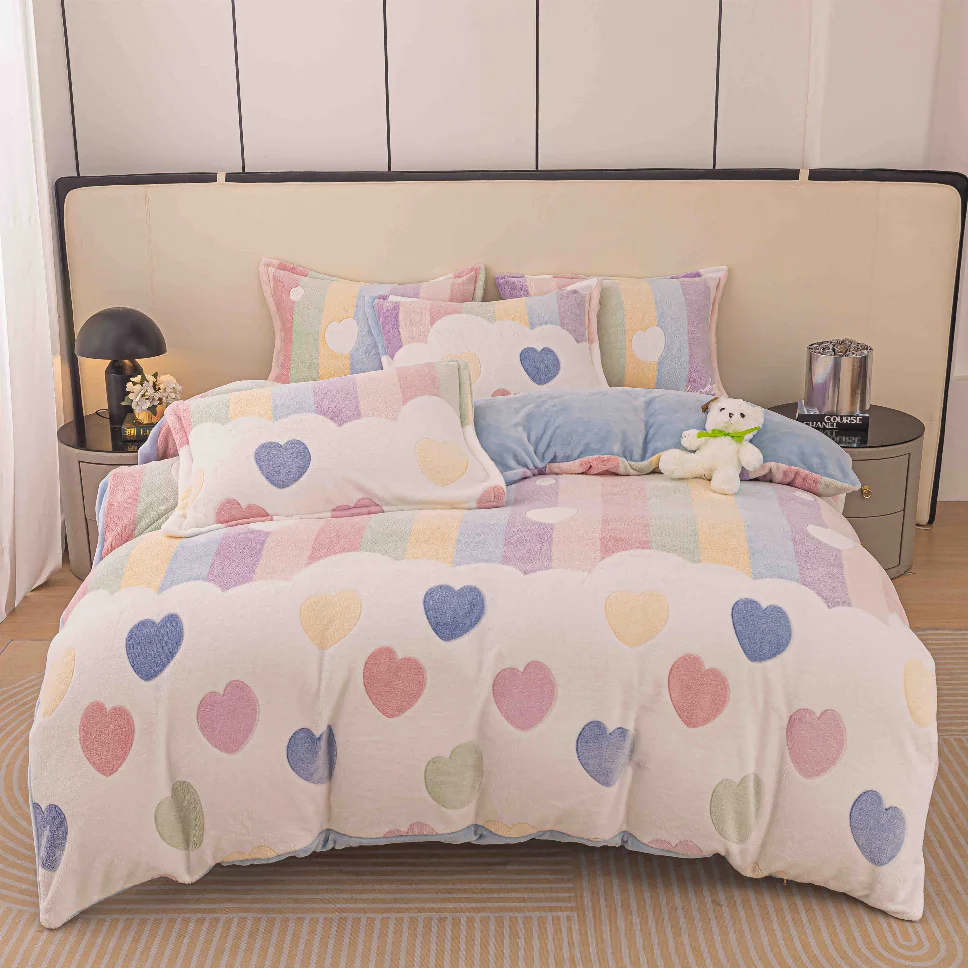 Lenjerii de pat Cocolino - Lenjerie de pat Cocolino 2 persoane, cu inimioare multicolore pastelate-CJE15