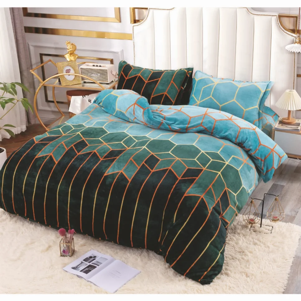 LENJERII DE PAT - Lenjerie de pat Cocolino 4 piese, geometric albastru cu verde-LN22