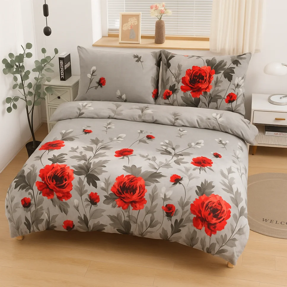 LENJERII DE PAT - Lenjerie de pat Cocolino 4 piese, gri cu bujori roșii mari-LN37