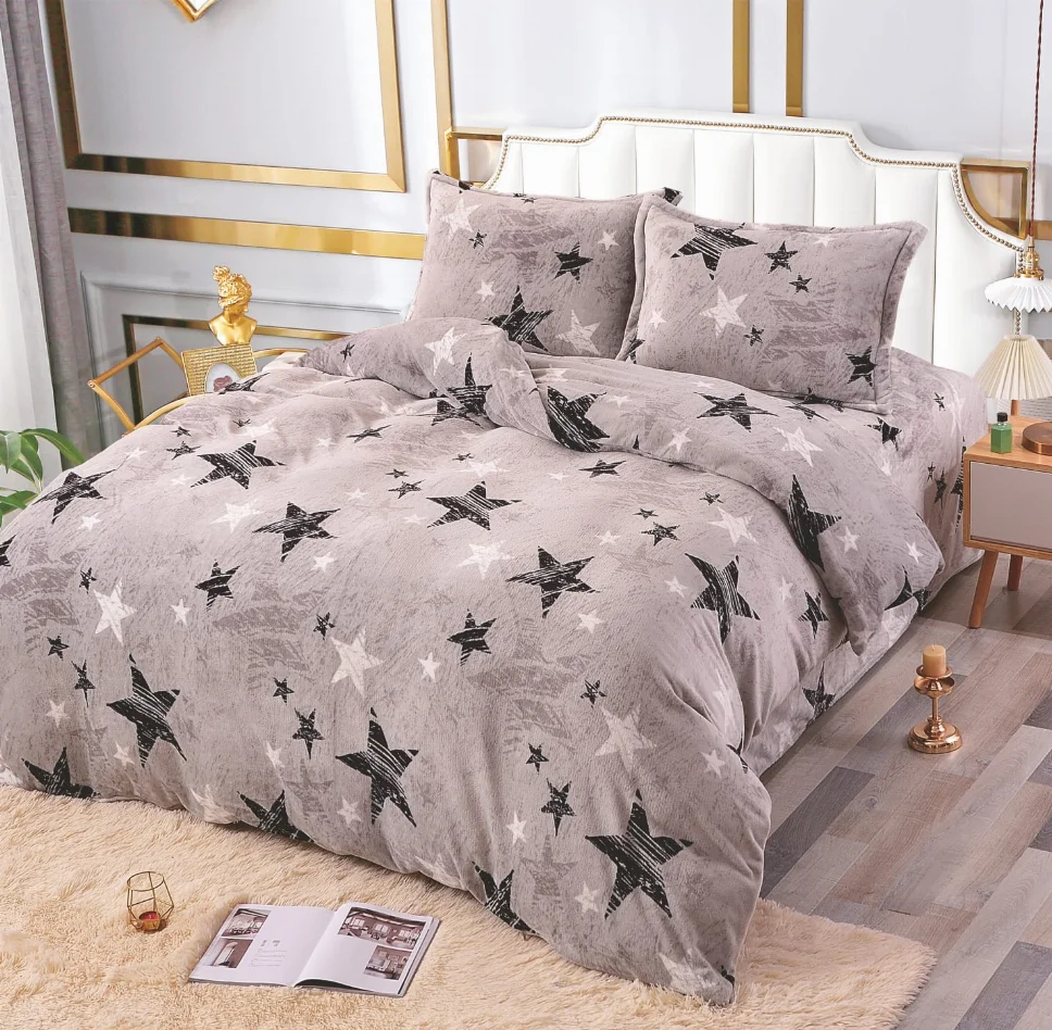 LENJERII DE PAT - Lenjerie de pat Cocolino 4 piese, gri cu stele negre și albe-LN31