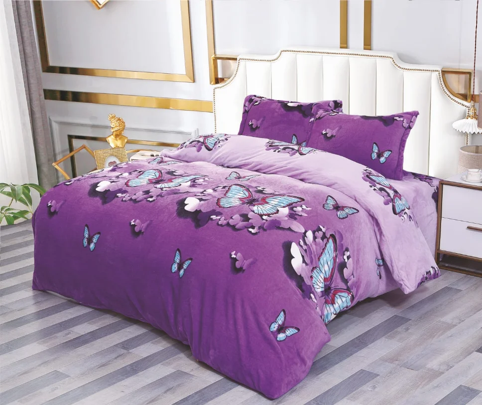 LENJERII DE PAT - Lenjerie de pat Cocolino 4 piese, violet cu fluturi albaștri și mov-LN25