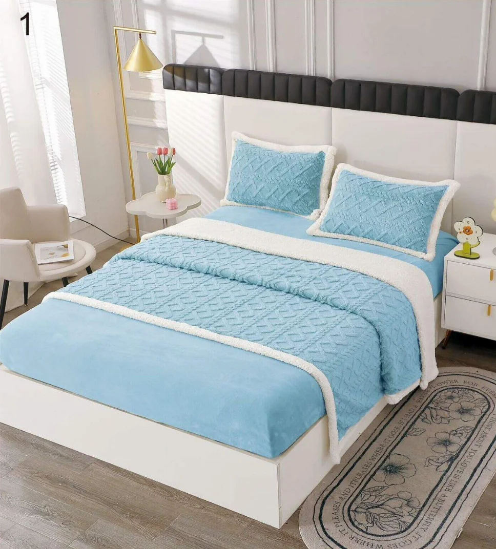 LENJERII DE PAT - Lenjerie de pat Cocolino cu Blanita si cerceaf cu elastic 2 persoane, albastru deschis cu textură discretă-BL1