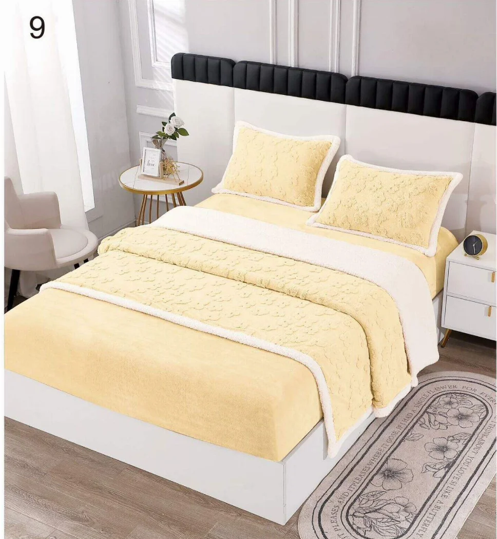 LENJERII DE PAT - Lenjerie de pat Cocolino cu Blanita si cerceaf cu elastic 2 persoane, galbena cu model floral-BL9