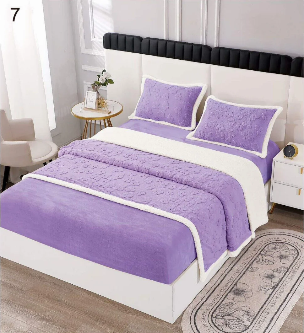 LENJERII DE PAT - Lenjerie de pat Cocolino cu Blanita si cerceaf cu elastic 2 persoane, mov cu model floral discret-BL7
