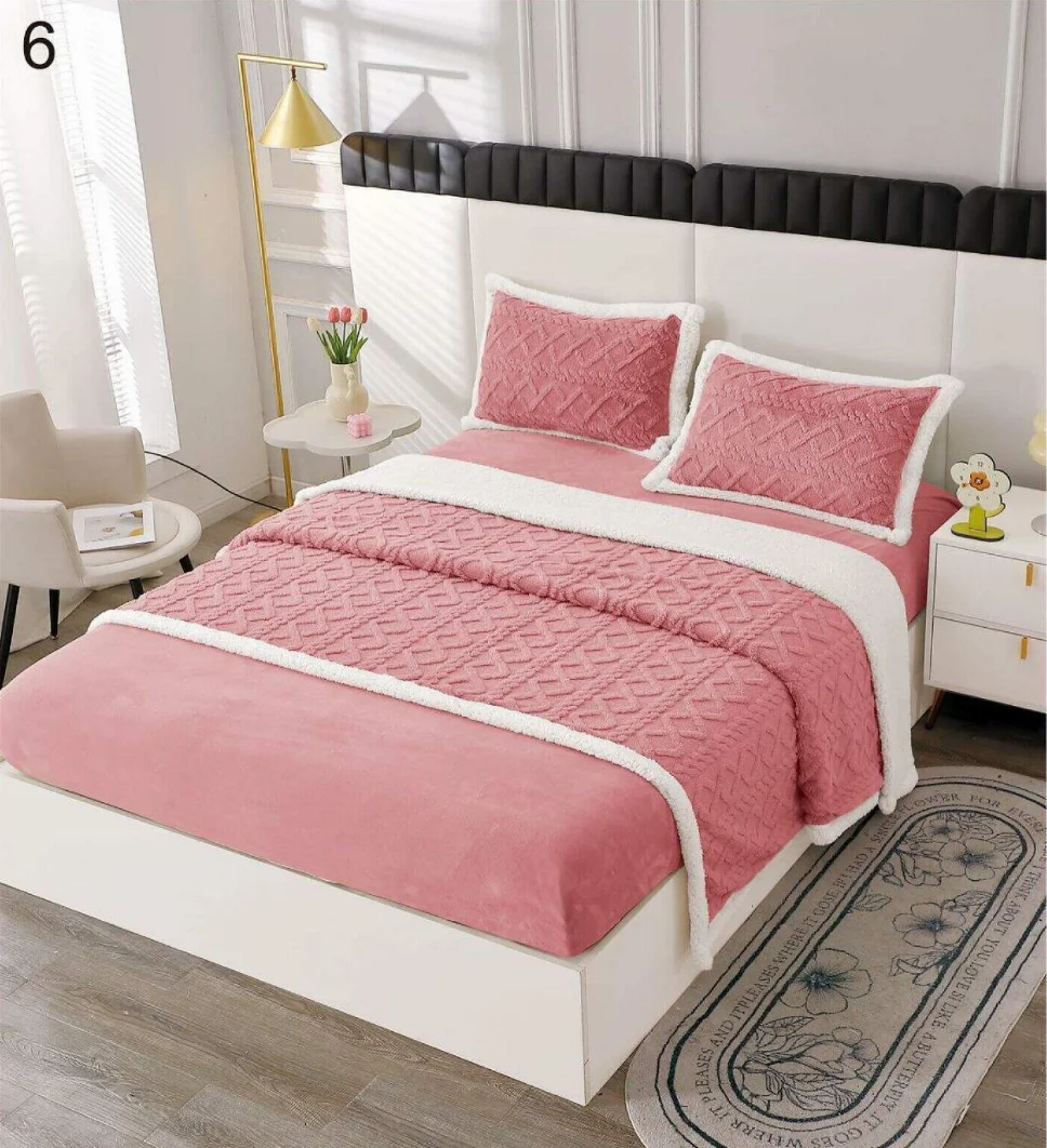 LENJERII DE PAT - Lenjerie de pat Cocolino cu Blanita si cerceaf cu elastic 2 persoane, roz cu model geometric-BL6