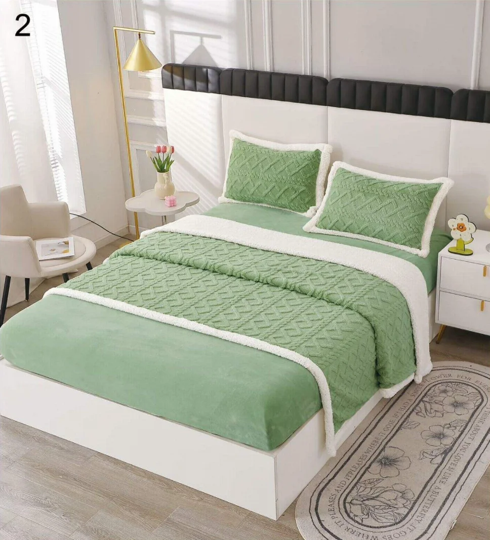 LENJERII DE PAT - Lenjerie de pat Cocolino cu Blanita si cerceaf cu elastic 2 persoane, verde cu model geometric discret-BL2