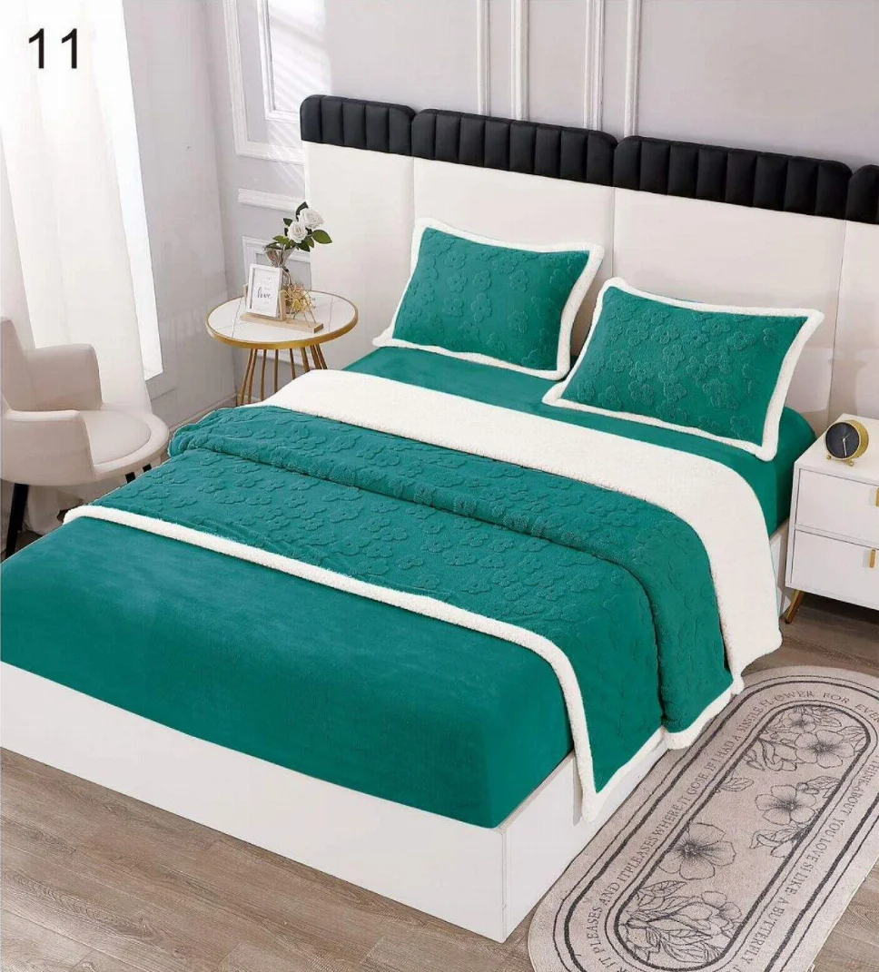 LENJERII DE PAT - Lenjerie de pat Cocolino cu Blanita si cerceaf cu elastic 2 persoane, verde smarald cu alb-BL11