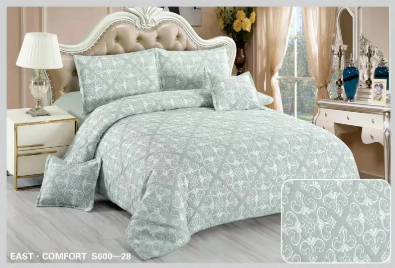 Lenjerii Creponate - Lenjerie de pat Creponata,Pat dublu,cu Elastic, alb cu model floral stilizat-S628