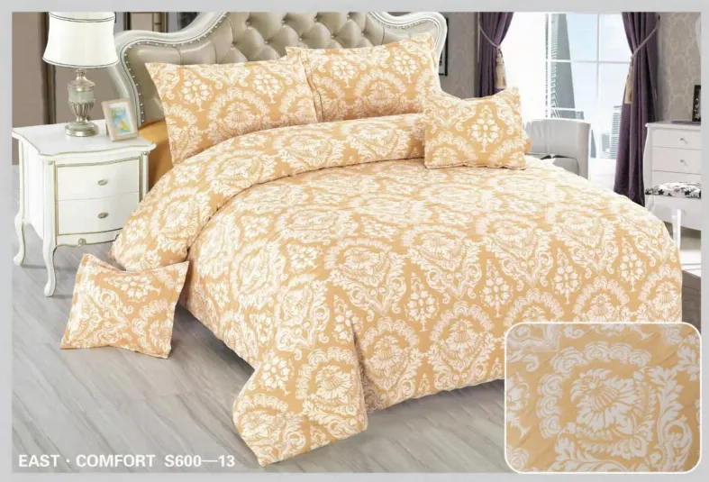 Lenjerii Creponate - Lenjerie de pat Creponata,Pat dublu,cu Elastic, bej cu model floral alb-S613