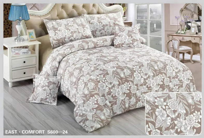 Lenjerii Creponate - Lenjerie de pat Creponata,Pat dublu,cu Elastic, gri cu flori albe si frunze-S624