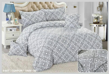 Lenjerii Creponate - Lenjerie de pat Creponata,Pat dublu,cu Elastic,Gri deschis cu flori albe-S620