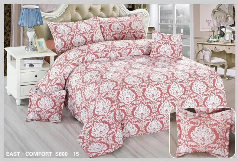 Lenjerii Creponate - Lenjerie de pat Creponata,Pat dublu,cu Elastic, roz cu model floral alb-S615