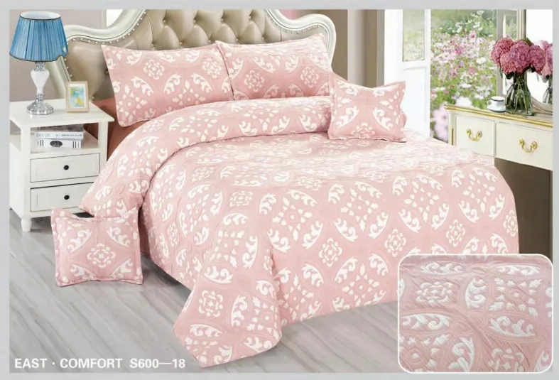 Lenjerii Creponate - Lenjerie de pat Creponata,Pat dublu,cu Elastic, roz cu model floral alb-S618