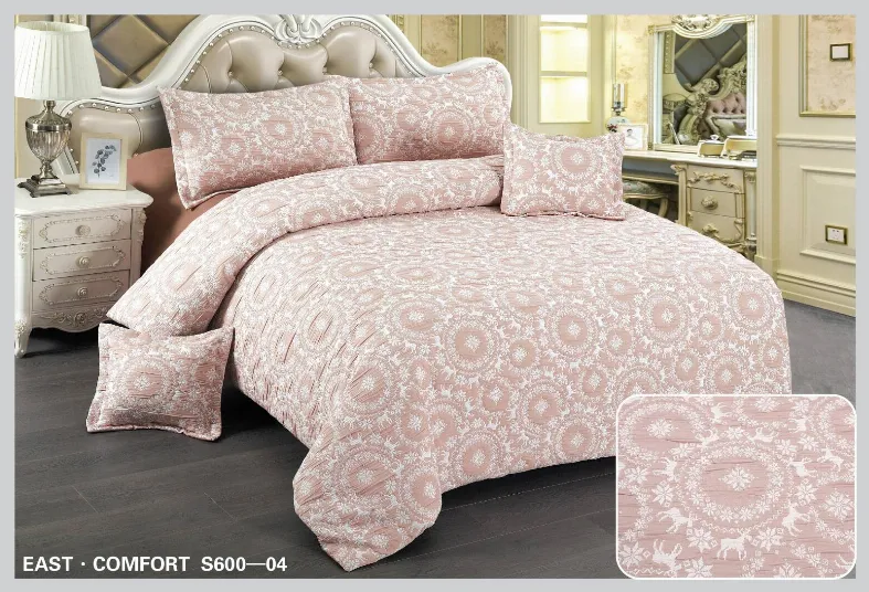 Lenjerii Creponate - Lenjerie de pat Creponata,Pat dublu,cu Elastic, roz cu motive florale si geometrice-S604