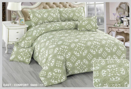 Lenjerii Creponate - Lenjerie de pat Creponata,Pat dublu,cu Elastic,Verde cu rozete si flori albe-S611