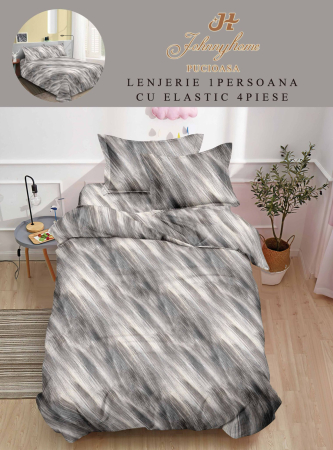 Lenjerii de pat 1 Persoana FINET - Lenjerie de pat cu elastic 4 piese, model cu dungi gri și alb-P132