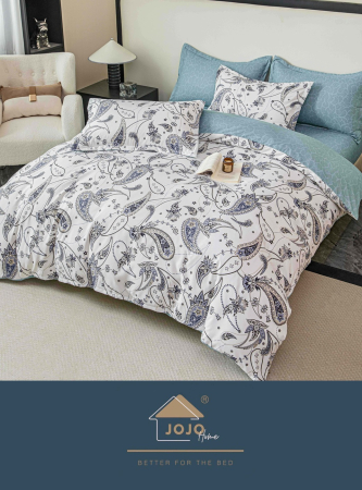 LENJERII DE PAT - Lenjerie De Pat, Cu Elastic, 6 Piese, Finet alb cu paisley bleumarin-FJE162