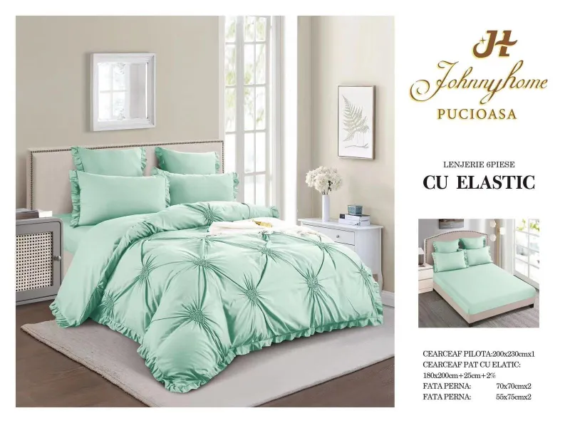 Lenjerii de pat Finet cu PLIURI - Lenjerie de pat cu Inimioare Brodate,Pat dublu,cu Elastic,Verde deschis-CP4